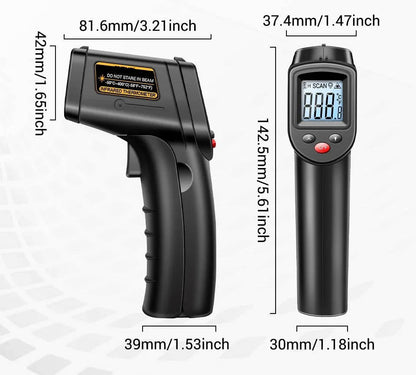 Belro Infrared Laser Thermometer showing digital display and laser targeting, used for quick forehead temperature readings.