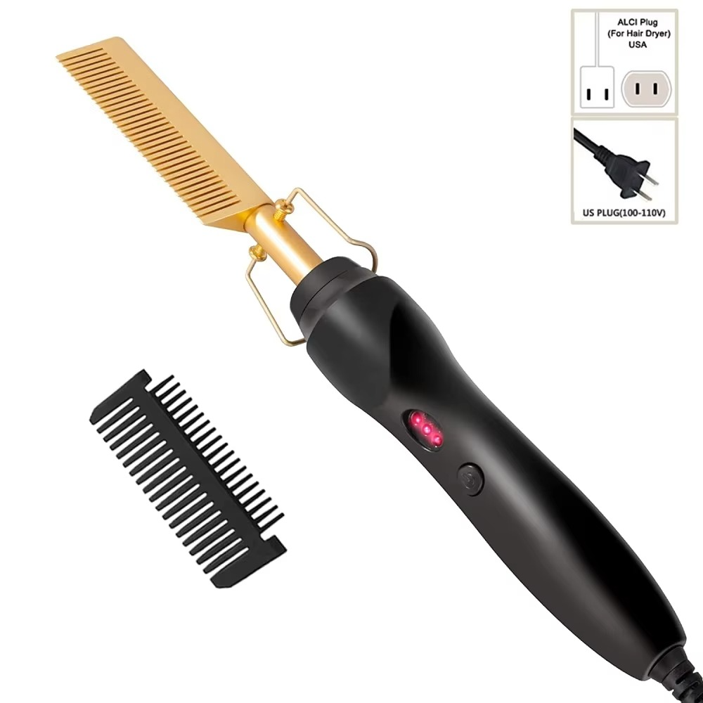 Belro hot comb for thick, coarse black hair, showcasing the heated metal comb with a handle for styling and smoothing hair.