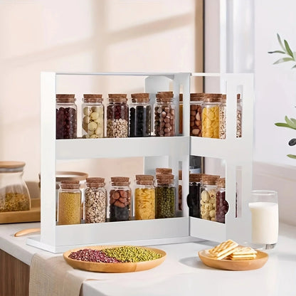 Belro spice rack organizer with swivel shelves, kitchen storage solution for spices and condiments in a home kitchen setting.