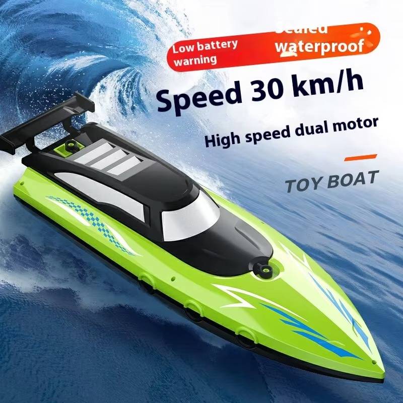 Belro RC toy boat floating on water, detailed remote-controlled boat suitable for fun outdoor water play.