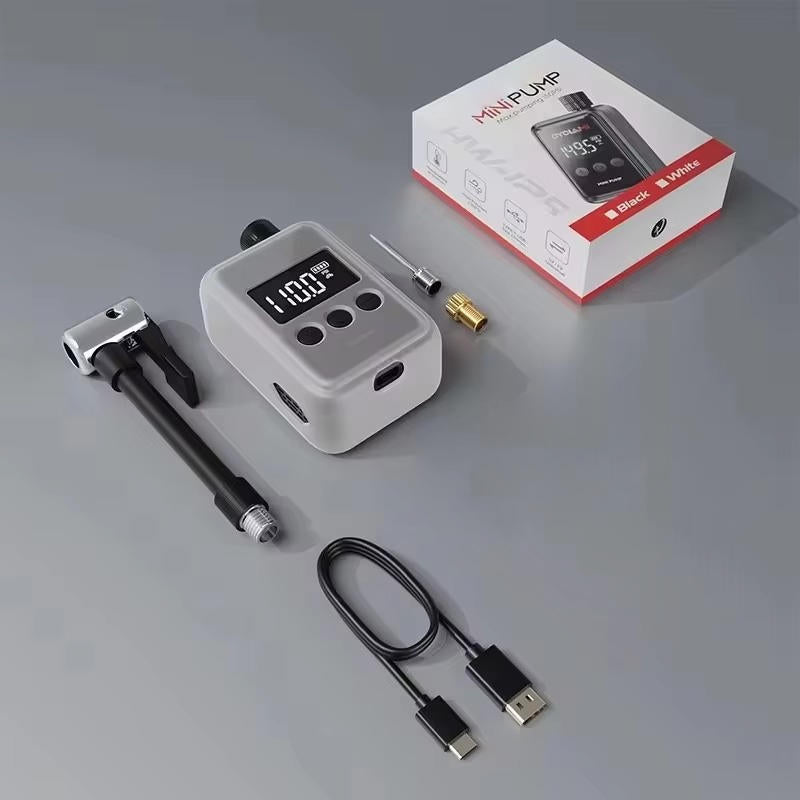 Belro electric mini bike pump for home and outdoor use, compact and portable air pump with digital display and nozzle attachments.