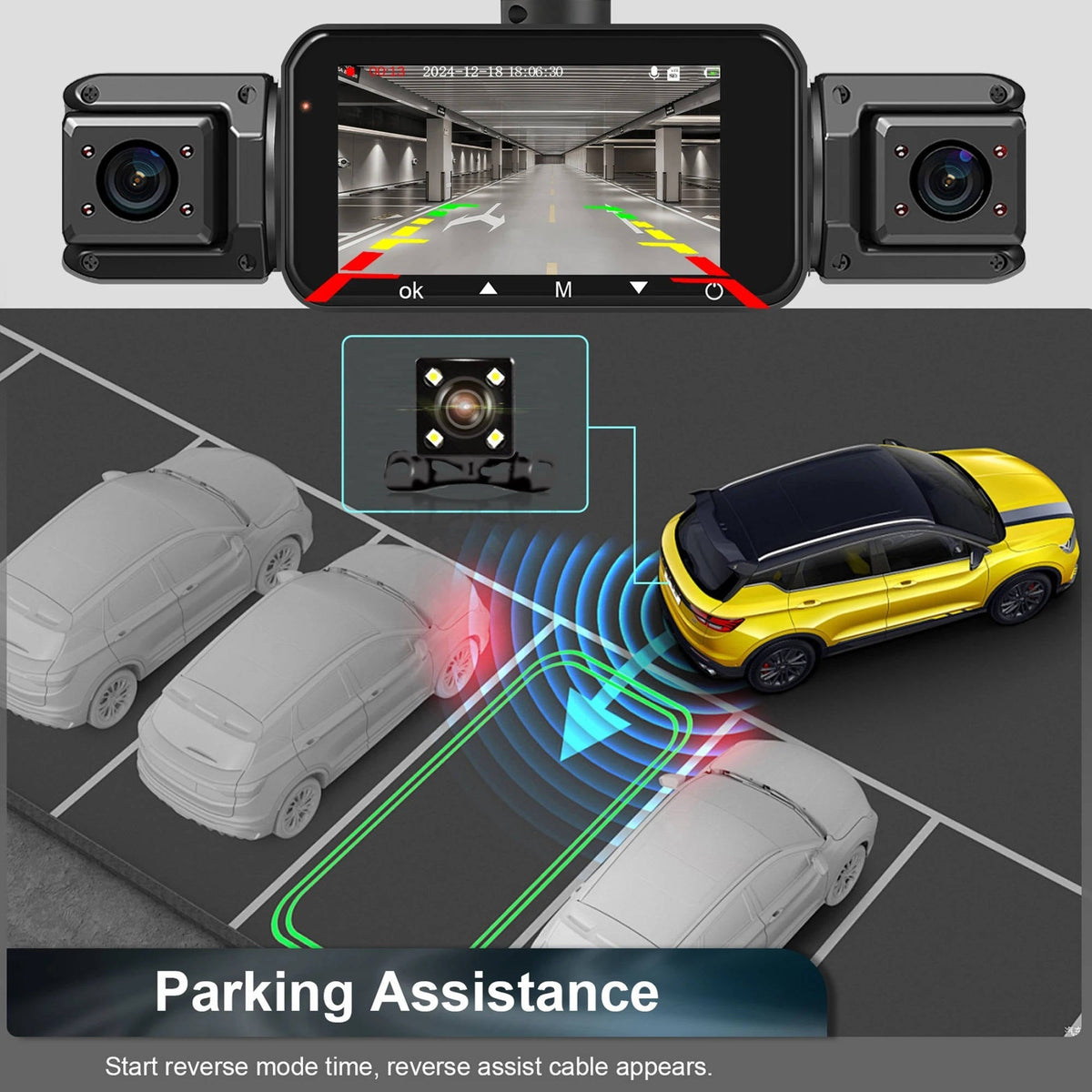 Belro wireless car dash cam with front and rear cameras and night vision, mounted inside a vehicle for recording driving footage.
