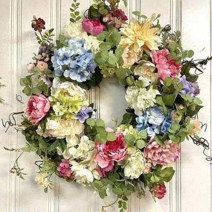 Colorful Rainbow Hydrangea artificial wreath with vibrant blooms, perfect for home and garden decor by Belro.