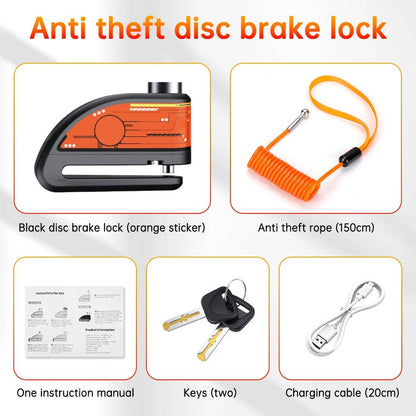 Belro motorcycle disc lock alarm with key, featuring a compact design and warning indicator for outdoor motorcycle security.