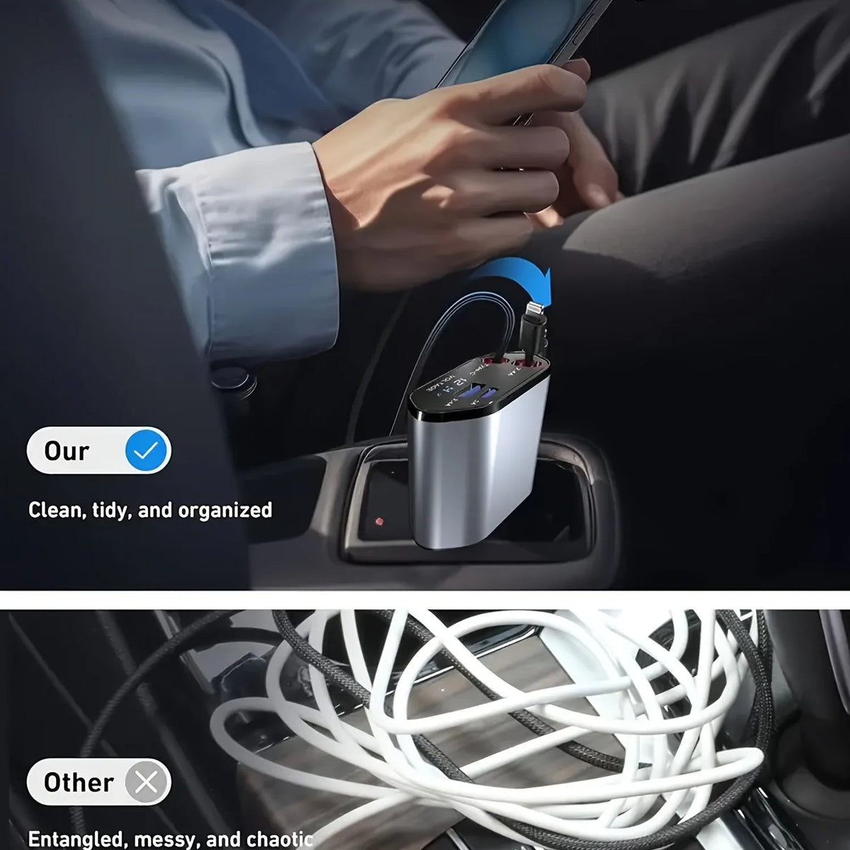 Belro 120W retractable car charger for electronics, with adjustable prongs and compact design for vehicle power charging.