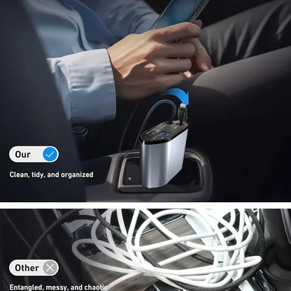 Belro 120W retractable car charger for electronics, with adjustable prongs and compact design for vehicle power charging.