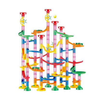 Colorful marble run toy by Belro with interconnected plastic tracks and marbles for building and fun play.