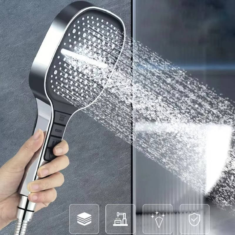 Belro high pressure shower head with multiple spray settings, mounted on a modern bathroom wall.