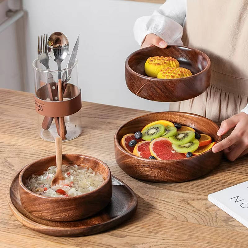 Belro wood bowls for food, natural wooden kitchen bowls with smooth finish, ideal for serving salads, fruits, and snacks in home and dining settings.