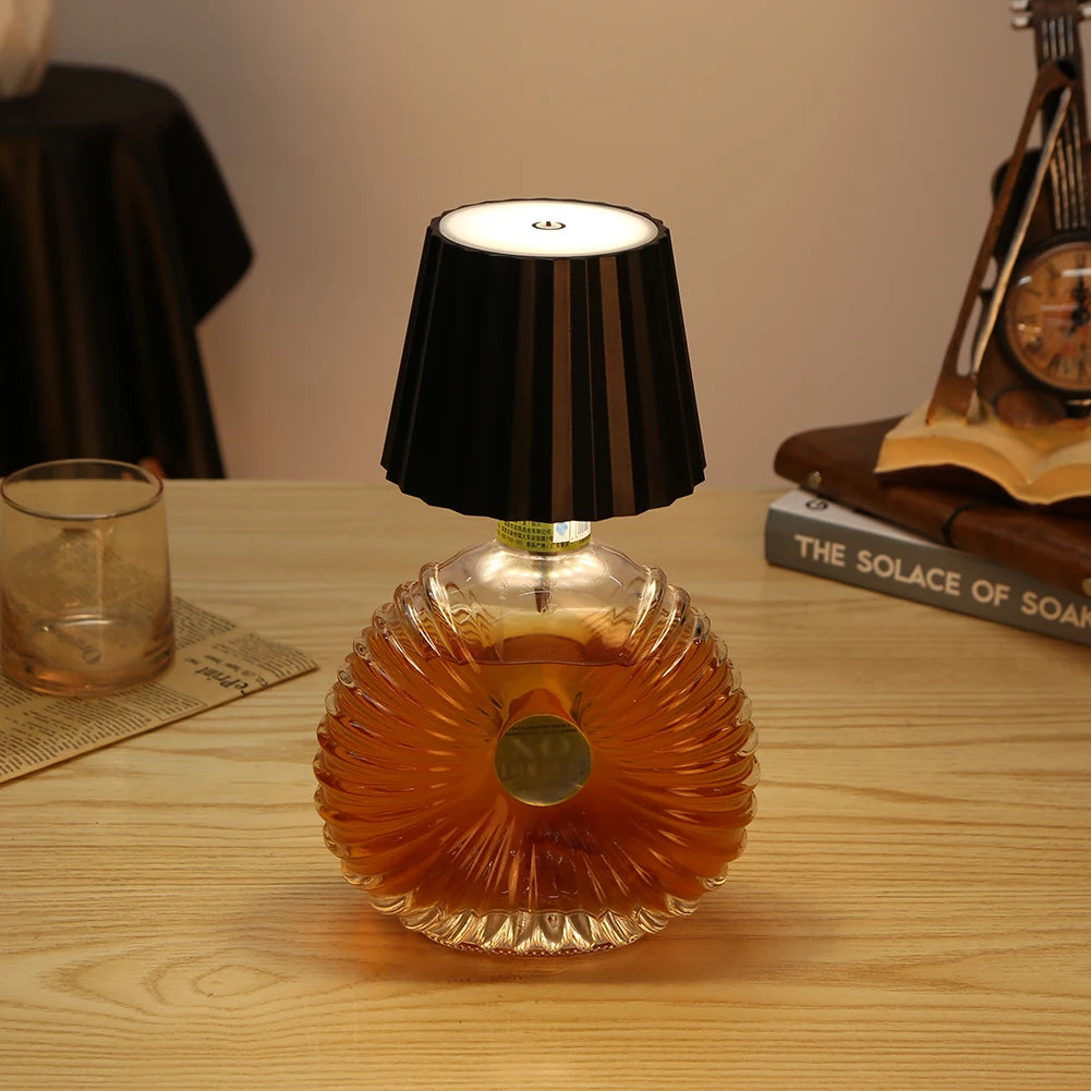 Belro wine bottle table lamp with integrated flashlight features, decorative lighting for home or bar decor.