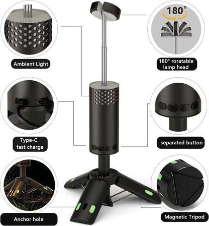 Belro rechargeable camping light lantern with adjustable handle, bright LED illumination, and compact design for outdoor use.