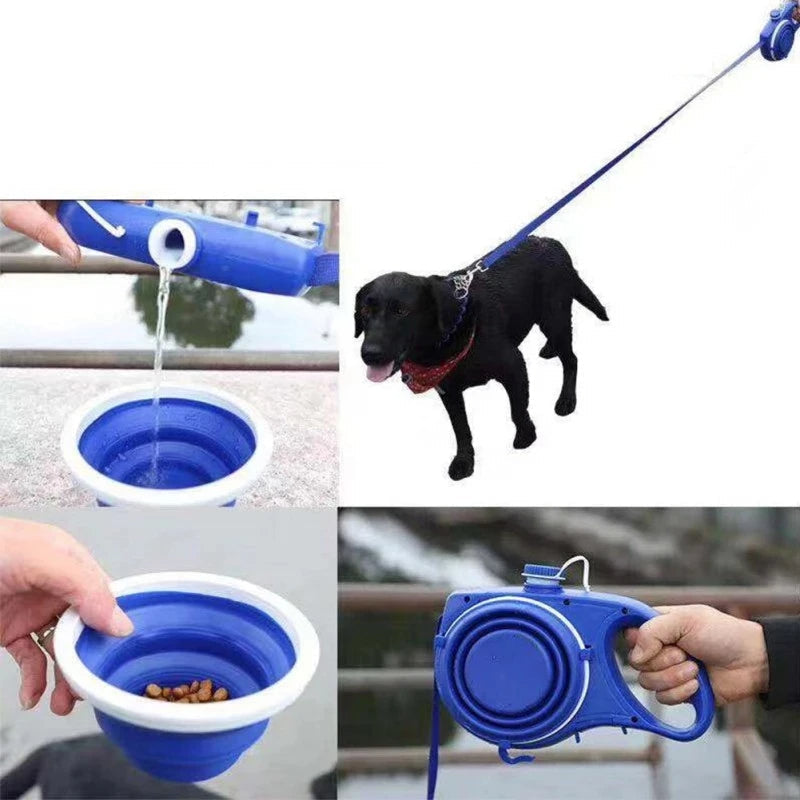 Belro 4-in-1 multifunctional dog leash with water bottle and bowl, adjustable leash, and convenient features for dog walking.