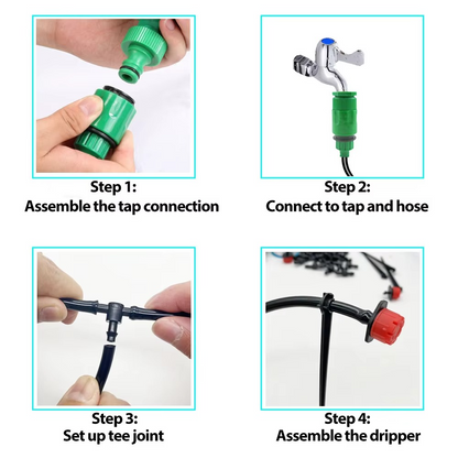 Belro drip irrigation system with automatic timer, tools and hardware for efficient garden watering setup.