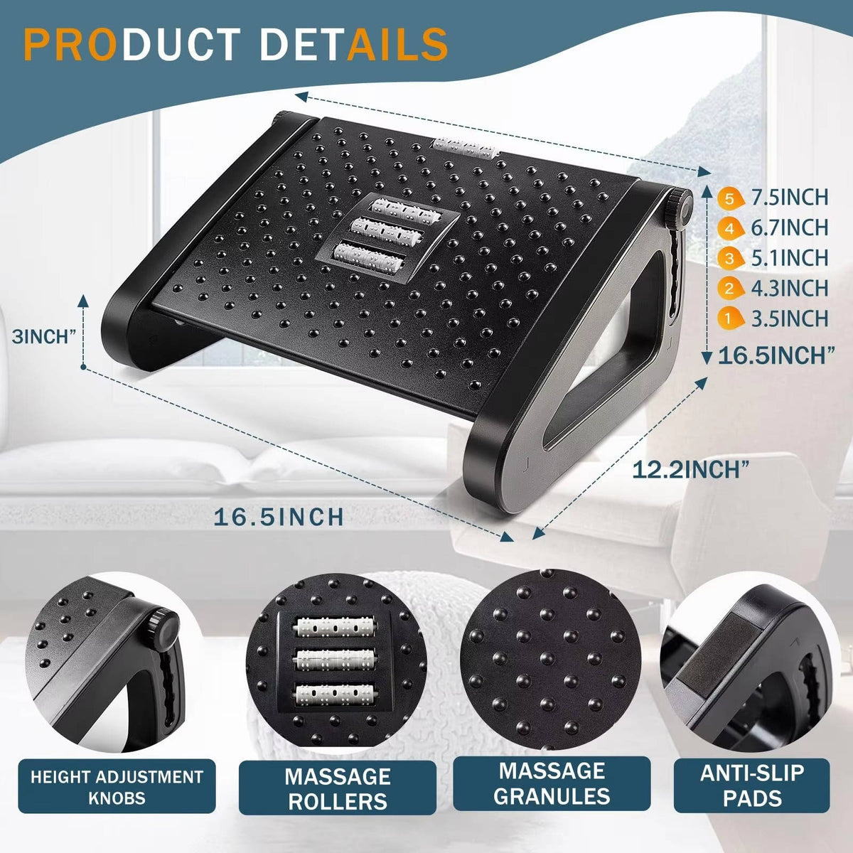 Belro under desk foot rest for ergonomic support, shown on a home office chair in a home & garden office setting.