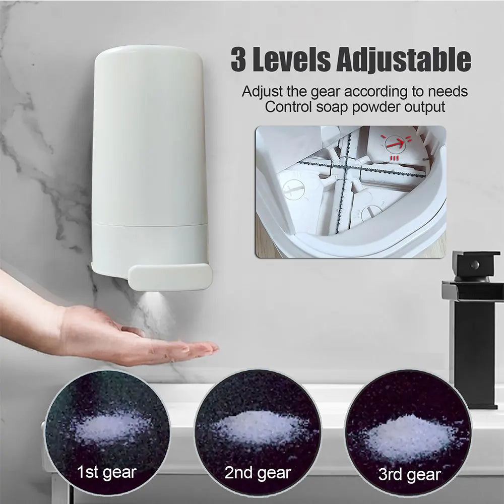 Wall-mounted Belro soap grinder for handwashing, mounted on bathroom wall, with white soap bar ready for use.