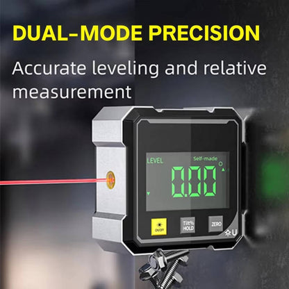 Belro digital angle finder with laser level displaying its LCD screen and measurement buttons, used for precise angle measurements.