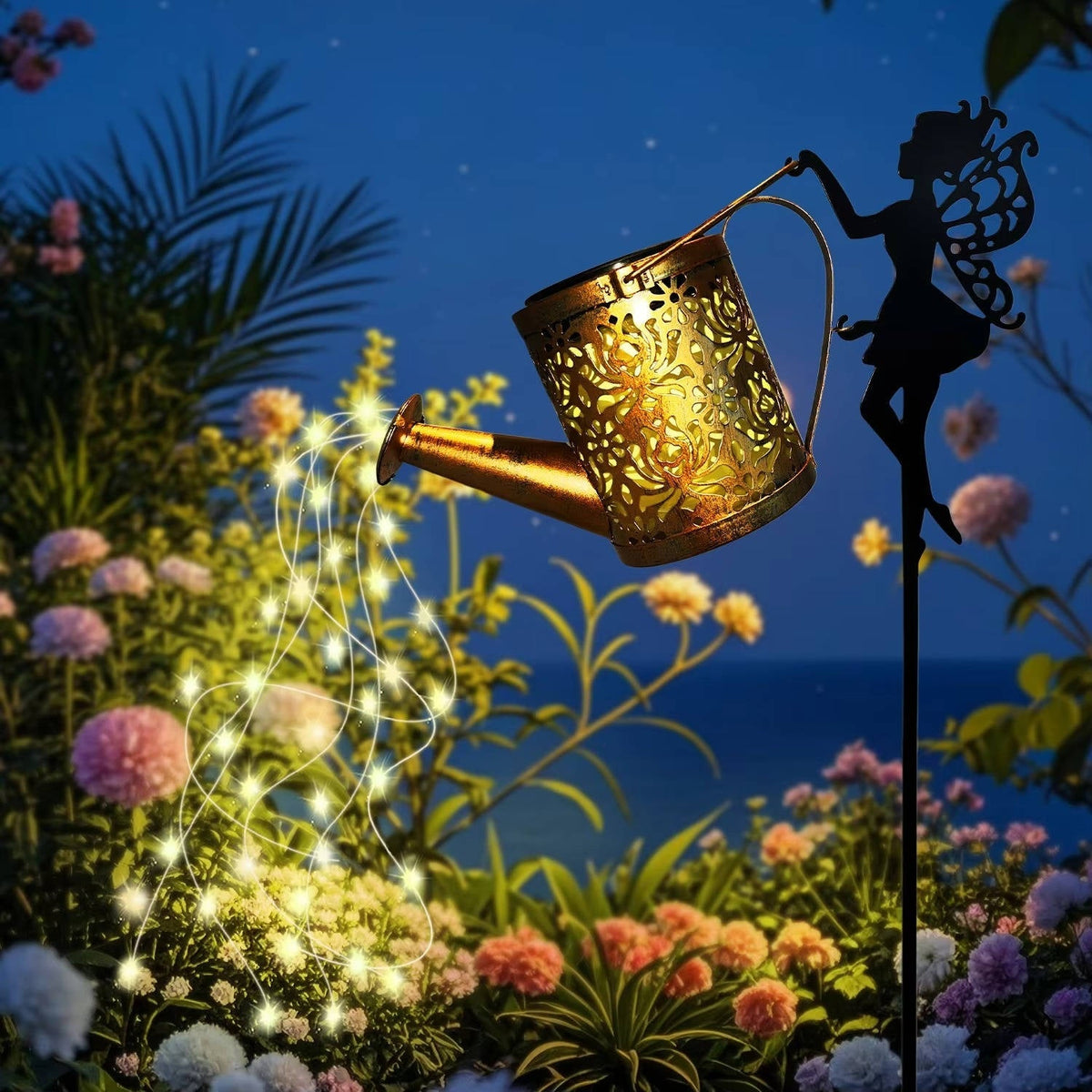 Belro outdoor hanging fairy lamp decoration attached to a garden umbrella, featuring warm string lights for outdoor ambiance.