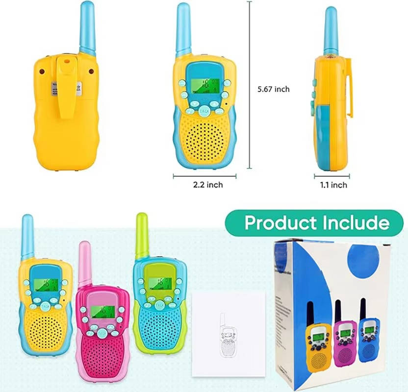 Belro Kids Walkie Talkies set with three colorful handheld devices for children, featuring buttons and earphone jacks.