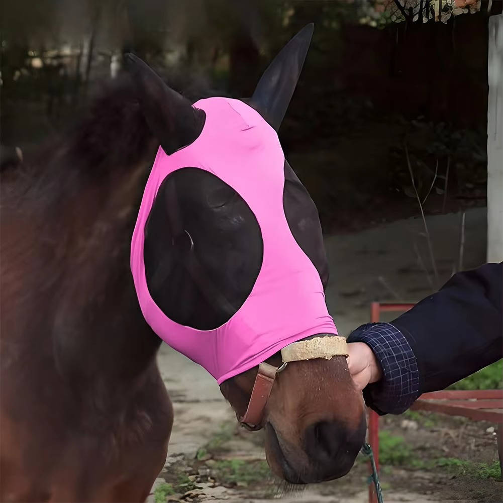 Belro horse fly mask with mesh fabric and adjustable straps, designed to protect horses from flies outdoors.