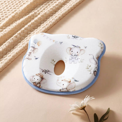 Belro infant pillow designed to prevent flat head, with sweat-absorbent fabric and ergonomic shape for comfortable baby support.