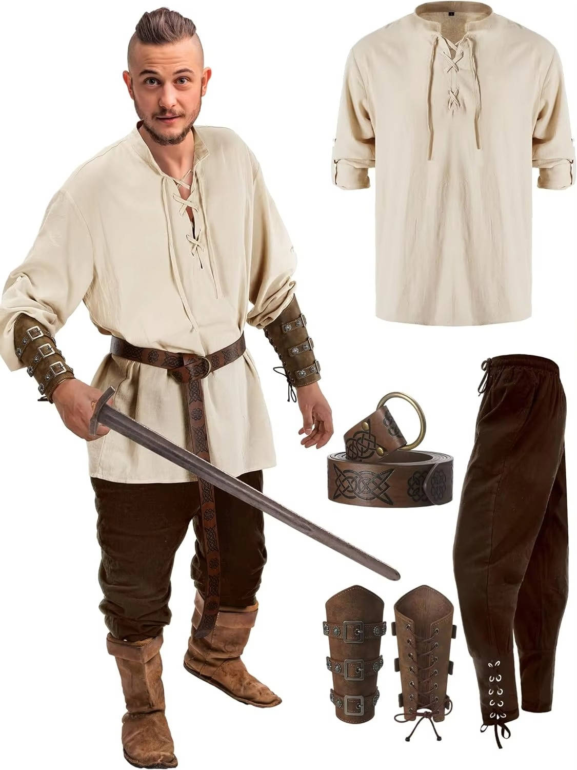 Belro men's 4-piece medieval Halloween costume set with tunic, cape, belt, and pants for party dress-up.
