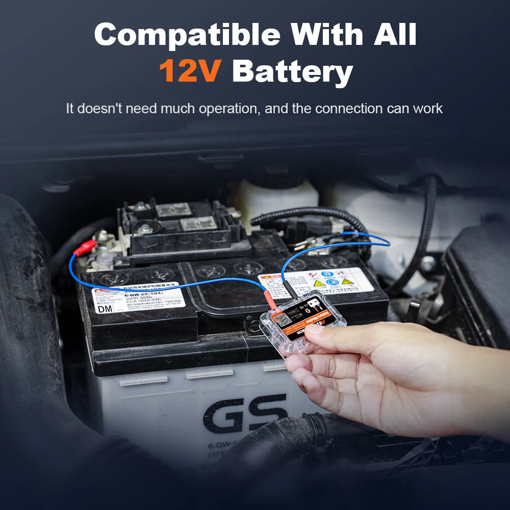 Belro Bluetooth car battery tester showing digital display and smartphone connection for battery health monitoring.