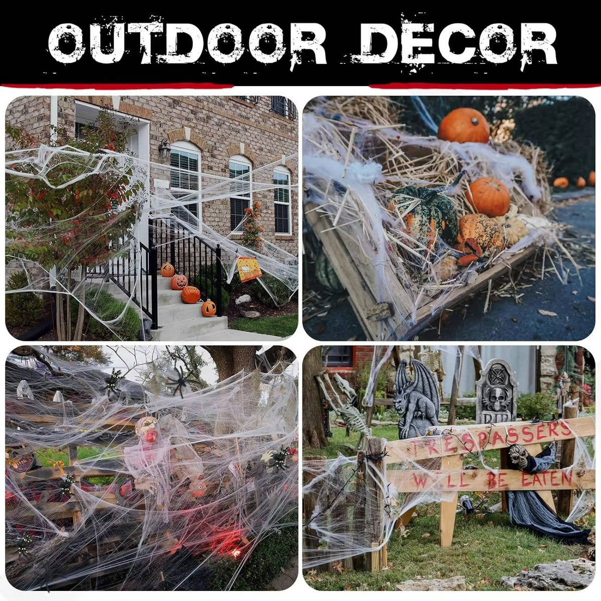 Belro Halloween door decoration featuring 200 sqft spider webs with fake spiders, perfect for spooky Halloween decor.