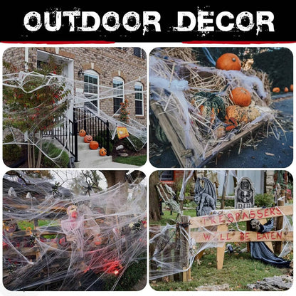 Belro Halloween door decoration featuring 200 sqft spider webs with fake spiders, perfect for spooky Halloween decor.