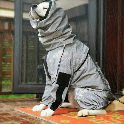 Belro waterproof dogs raincoat showing a dog wearing a bright, durable raincoat designed for outdoor protection in wet weather.