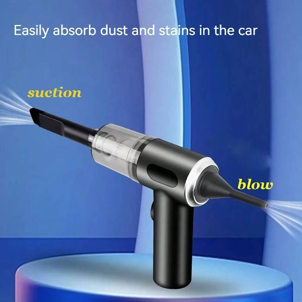 Belro cordless car cleaning vacuum cleaner with handheld design, black and gray, showing dust container and suction nozzle.