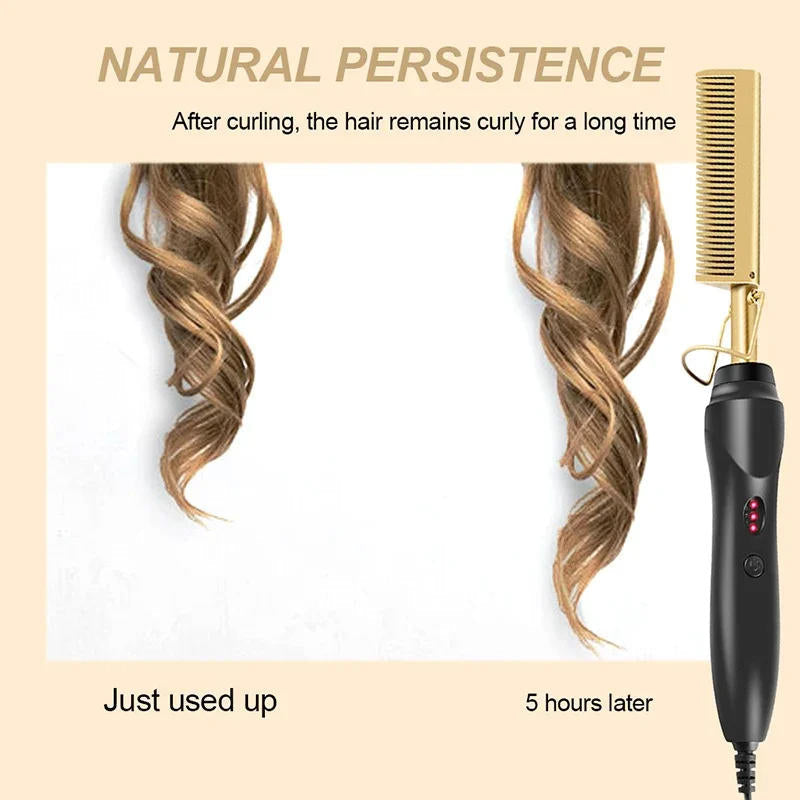 Belro hot comb for thick, coarse black hair, showing the heated comb on styled hair for smooth, straight results.