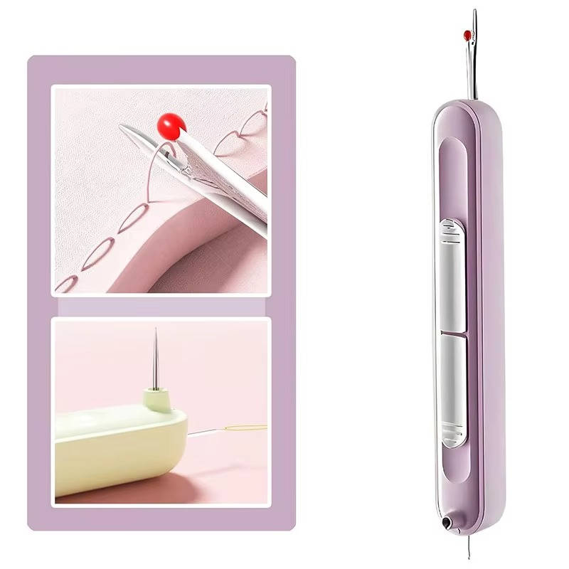 Belro needle threader and seam ripper tool for men’s clothing, featuring a compact design with a metal needle and ripping blade.