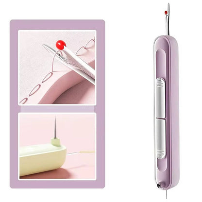 Belro needle threader and seam ripper tool for men’s clothing, featuring a compact design with a metal needle and ripping blade.