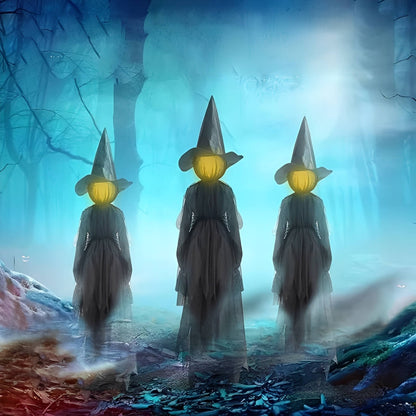 Sound-activated Halloween decoration featuring a hand holding a witch costume for men, perfect for indoor and outdoor spooky displays.