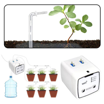 Belro Wifi Smart Automatic Waterer for plants, suitable for up to 20 pots, in a garden setting with connected hoses and watering system.