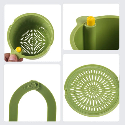 Mivoza hanging drain basket with two-part filter and one-click sink organizer for kitchen sink drainage and debris collection.