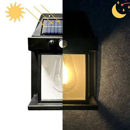 Belro 2-set solar wall lamps for outdoor garden lighting, mounted on white wall with greenery in the background.