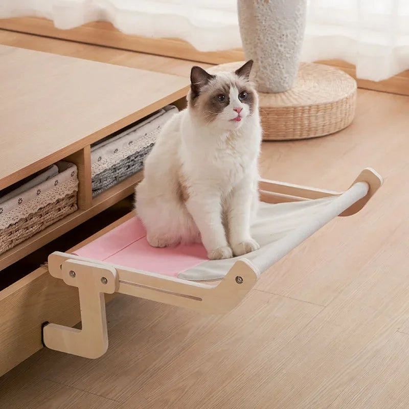 Belro wooden cat hammock bed hanging in outdoor garden, cozy and stylish for feline relaxation in home and garden outdoor space.