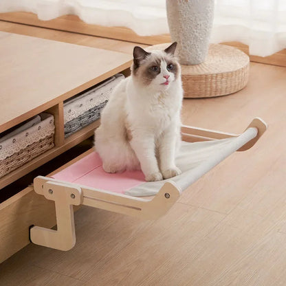 Belro wooden cat hammock bed hanging in outdoor garden, cozy and stylish for feline relaxation in home and garden outdoor space.