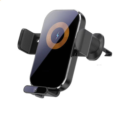 Belro wireless car charger phone mount attached to a vehicle dashboard, holding a smartphone for convenient charging and hands-free use.