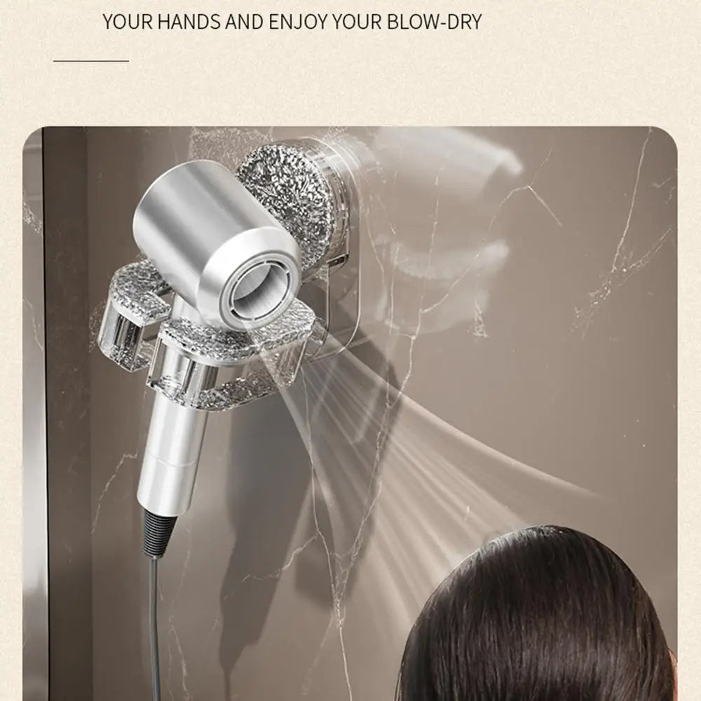 Belro wall-mounted hair dryer holder with suction cup, made of durable plastic, securely holding a hair dryer in a bathroom setting.