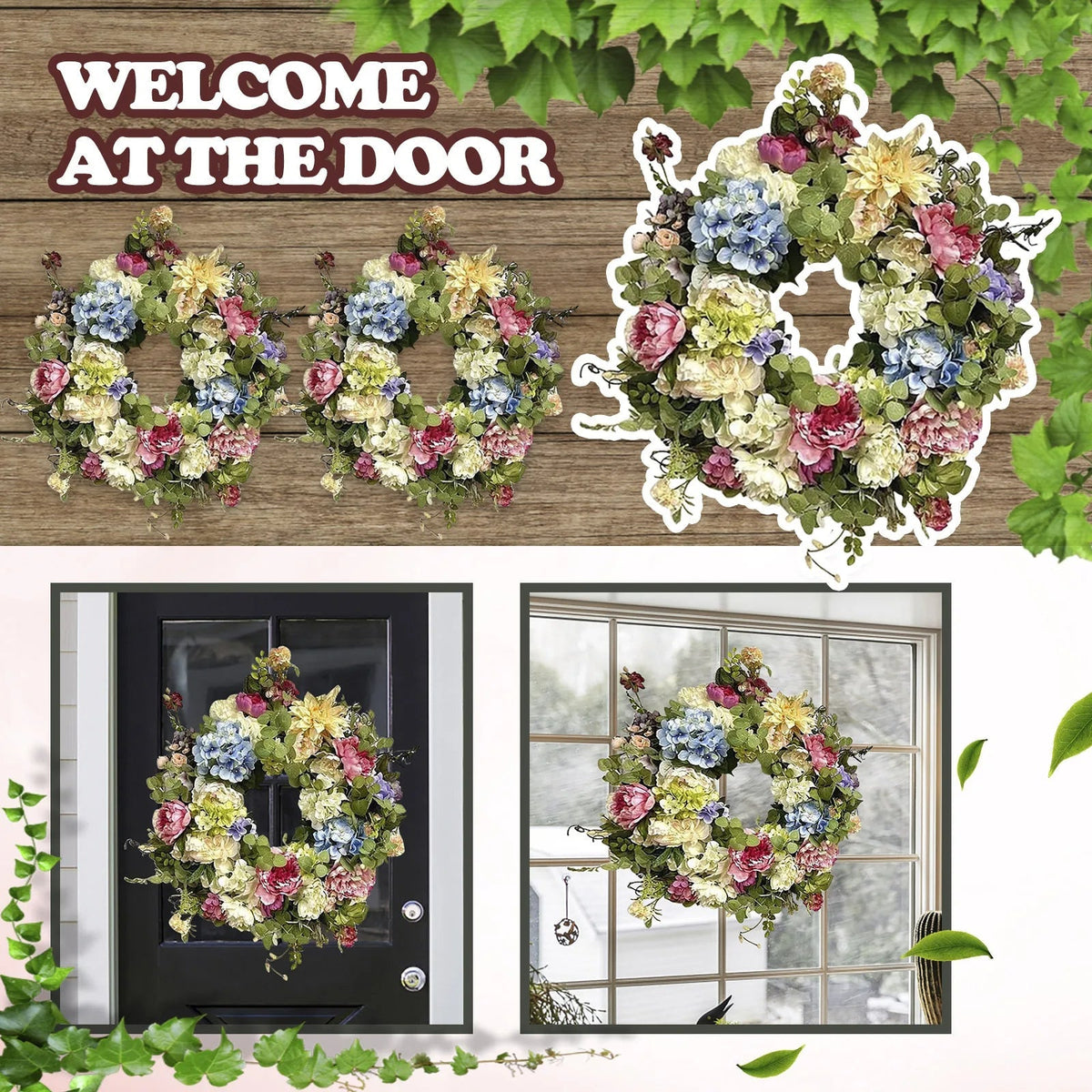 Colorful rainbow hydrangea artificial wreath from Belro, perfect for home decor with vibrant, lifelike flowers and greenery.