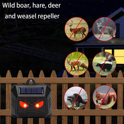 Belro solar-powered ultrasonic animal repellent devices for outdoor pest control, featuring motion sensors and weatherproof design.