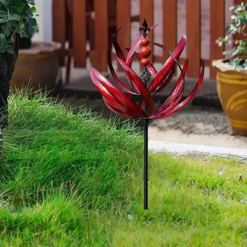 Colorful metal wind spinner for garden decor, featuring intricate design and vibrant hues, by Belro for outdoor home decoration.