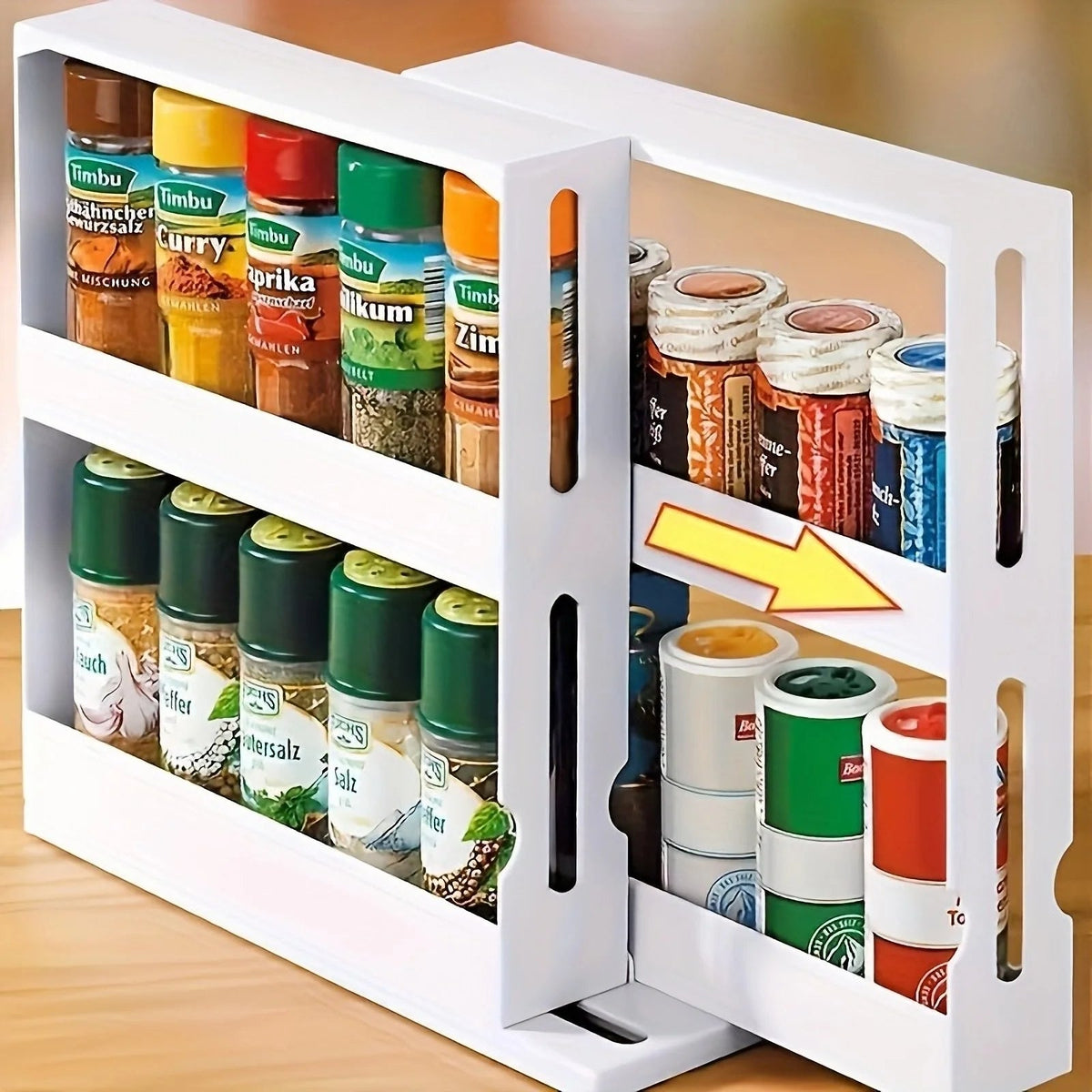 Belro spice rack organizer with swivel shelves, ideal for kitchen and dining storage, featuring easy-to-access spice jars.