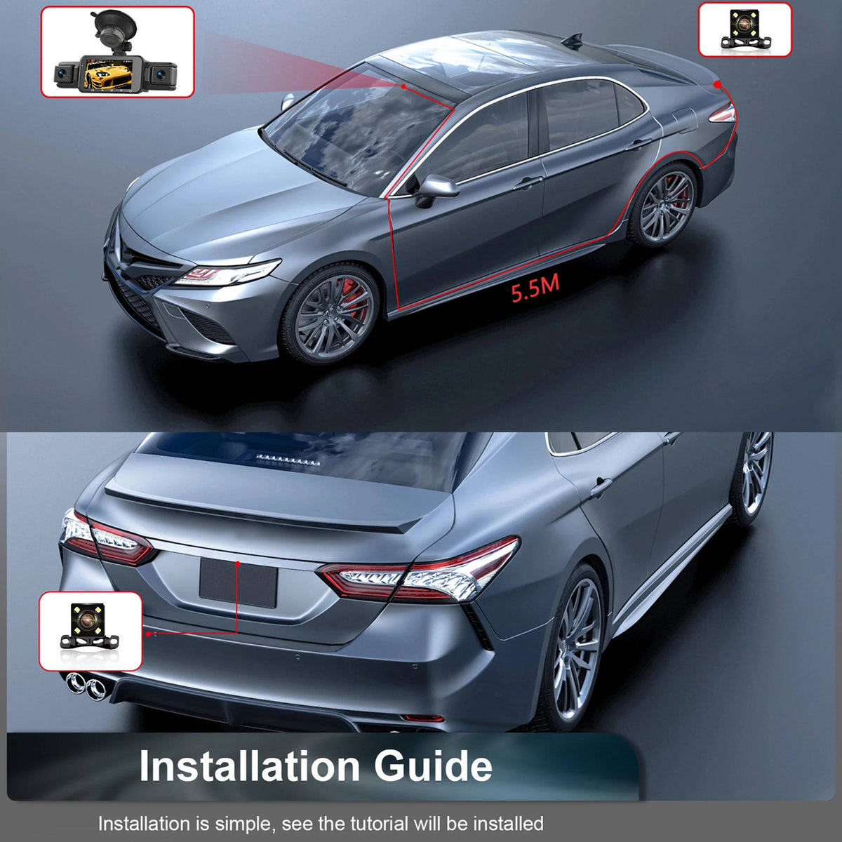 Belro wireless car dash cam with front and rear cameras, night vision, mounted inside a vehicle for recording driving footage