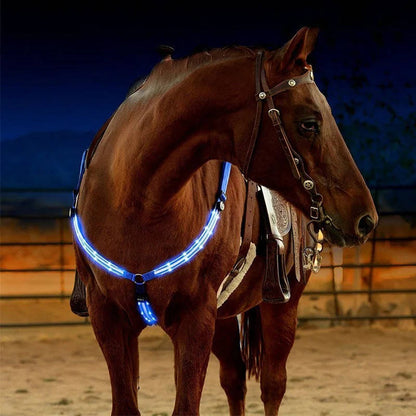 Belro LED breast collar for dogs with bright LED lights, adjustable strap, and durable construction, showcasing its secure fit and visibility.