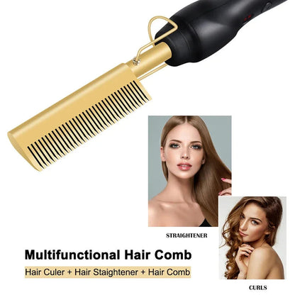 Belro hot comb for black, thick, and coarse hair, showing the heated styling tool with a handle and comb teeth for hair straightening