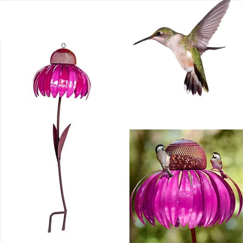 Belro outdoor flower bird feeder hanging from a tree, decorated with colorful flowers to attract garden birds.
