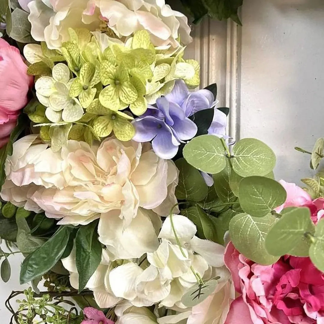 Colorful Rainbow Hydrangea artificial wreath with vibrant blooms, perfect for home decor from Belro in the Home & Garden category.